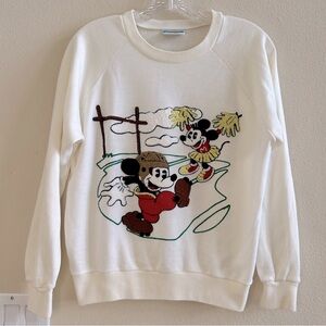 Vintage Disney Sweatshirt 3D Chainstitch Small Mickey Mouse Minnie Mouse White